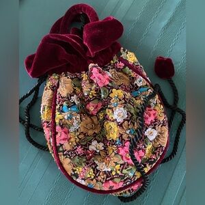 Floral Velvet Drawstring Mini Bag - Burgundy Floral